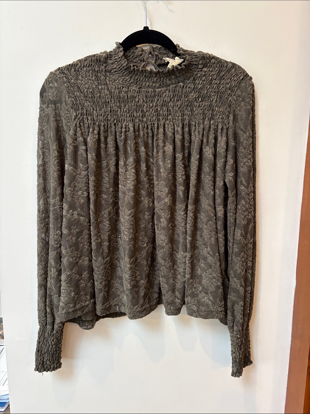 Deletta from Urban Outfitters Olive Smocked Yoke Long Sleeve Blouse,Size Small